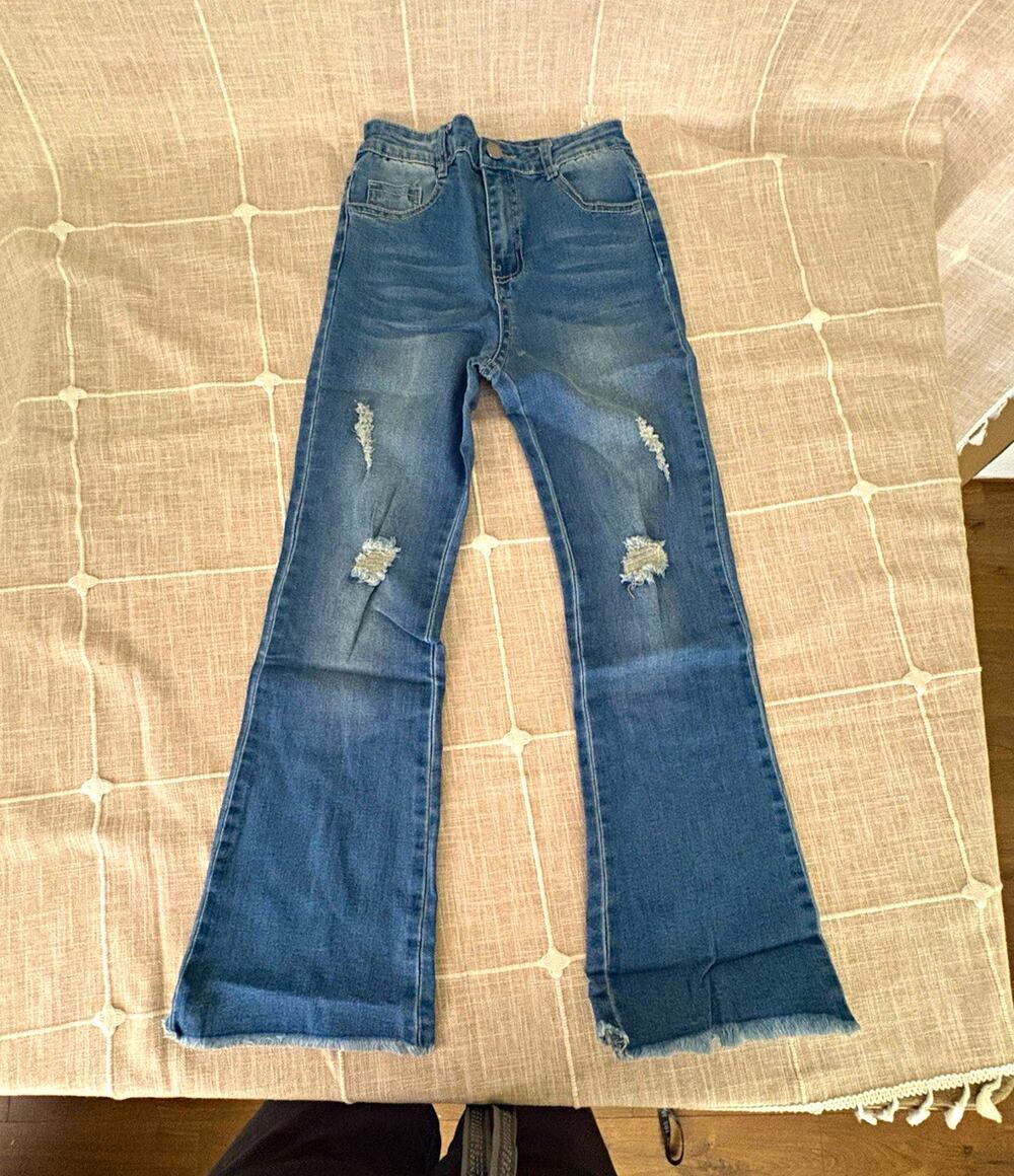 EXARUS Girls Blue Denim Flared Jeans Size 10 Distressed Frayed Hem Pockets